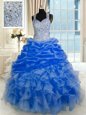 Colorful Floor Length Royal Blue Sweet 16 Quinceanera Dress Organza Sleeveless Beading and Ruffles and Pick Ups