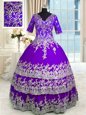 Attractive V-neck Half Sleeves Quinceanera Gown Floor Length Beading and Appliques and Ruffled Layers Purple Tulle