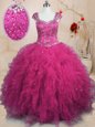 Classical Fuchsia Lace Up Square Beading and Ruffles Sweet 16 Dresses Tulle Cap Sleeves