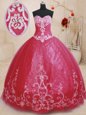 Sleeveless Tulle Floor Length Lace Up Quinceanera Dresses in Red for with Beading and Embroidery