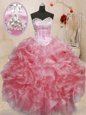 Best Selling Baby Pink Organza Lace Up Sweetheart Sleeveless Floor Length 15th Birthday Dress Beading