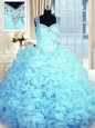 Charming Aqua Blue Ball Gowns Organza Straps Sleeveless Beading and Ruffles Floor Length Zipper Ball Gown Prom Dress