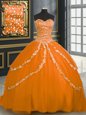 High Class Sweetheart Sleeveless Quince Ball Gowns With Brush Train Beading and Appliques Orange Tulle