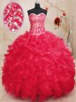 Chic Coral Red Organza Lace Up Sweet 16 Dresses Sleeveless Floor Length Beading and Ruffles and Sequins