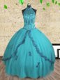 Halter Top Teal Sleeveless Floor Length Beading Lace Up Quinceanera Gowns