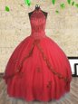 Sleeveless Organza Floor Length Lace Up Sweet 16 Dress in Red for with Beading and Ruffles