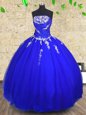 Royal Blue Lace Up Strapless Appliques and Ruching 15 Quinceanera Dress Tulle Sleeveless