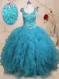 Designer Baby Blue Cap Sleeves Floor Length Beading and Ruffles Lace Up Sweet 16 Dresses