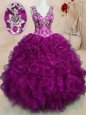 Suitable Fuchsia Ball Gowns Beading and Embroidery and Ruffles Ball Gown Prom Dress Backless Organza Sleeveless Floor Length