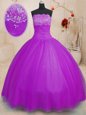Purple Ball Gowns Strapless Sleeveless Tulle Floor Length Lace Up Beading Quinceanera Dresses