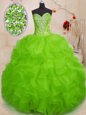 Green Organza Lace Up Sweetheart Sleeveless Floor Length Sweet 16 Dress Beading and Appliques and Ruffles and Ruching