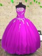 Romantic Sleeveless Floor Length Appliques and Ruching Lace Up 15 Quinceanera Dress with Fuchsia