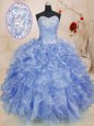 Graceful Light Blue Ball Gowns Organza Sweetheart Sleeveless Beading and Ruffles Floor Length Zipper Ball Gown Prom Dress