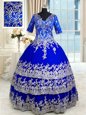 Fitting Royal Blue Zipper Quinceanera Dress Appliques and Ruffled Layers Half Sleeves Floor Length