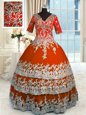 Fabulous Half Sleeves Floor Length Beading and Appliques and Ruffles Zipper Quinceanera Dress with Orange Red