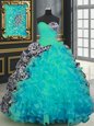 Edgy Aqua Blue Organza and Printed Lace Up Sweetheart Sleeveless With Train Quinceanera Dresses Brush Train Beading and Ruffles and Pattern