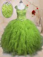 Olive Green Short Sleeves Floor Length Beading and Ruffles Lace Up Sweet 16 Dress
