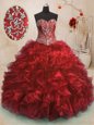 Sophisticated Sleeveless Organza With Train Sweep Train Lace Up 15th Birthday Dress in Wine Red for with Beading and Ruffles