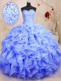 Sweetheart Sleeveless 15th Birthday Dress Floor Length Beading and Ruffles Lavender Organza