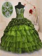 Trendy Olive Green Ball Gowns Sweetheart Sleeveless Organza and Taffeta With Train Sweep Train Lace Up Beading and Appliques and Ruffled Layers and Pick Ups Sweet 16 Quinceanera Dress