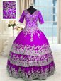 Vintage Purple Satin and Tulle Zipper V-neck Half Sleeves Floor Length Quinceanera Gown Appliques and Ruffled Layers