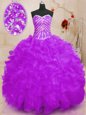 Sweetheart Sleeveless Quinceanera Dresses Floor Length Beading and Ruffles and Sequins Purple Organza