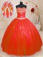 Elegant Sweetheart Sleeveless Quinceanera Gown Floor Length Beading Red Tulle and Sequined