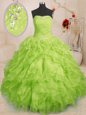 Cheap Yellow Green Ball Gowns Beading and Ruffles and Ruching 15th Birthday Dress Lace Up Organza Sleeveless Floor Length