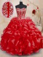 High Class Red Lace Up Sweetheart Beading and Ruffles Quinceanera Gowns Organza Sleeveless