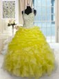 Pretty Yellow Zipper Straps Beading and Ruffles Quince Ball Gowns Organza Sleeveless