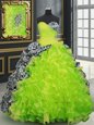Spectacular Green Ball Gowns Organza and Printed Sweetheart Sleeveless Beading and Ruffles and Pattern With Train Lace Up Quinceanera Dress Brush Train