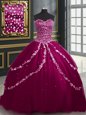 Stunning Burgundy and Fuchsia Tulle Lace Up Sweetheart Sleeveless With Train 15th Birthday Dress Brush Train Beading and Appliques