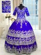 Blue Ball Gowns V-neck Half Sleeves Satin and Tulle Floor Length Zipper Appliques and Ruffled Layers Quinceanera Gowns