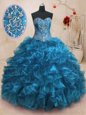 Adorable Blue Organza Lace Up Quinceanera Gown Sleeveless With Train Sweep Train Beading and Ruffles