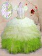 Multi-color Organza Lace Up Quinceanera Dresses Sleeveless With Brush Train Beading and Appliques and Ruffles