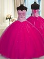 Halter Top Fuchsia Tulle Lace Up Quince Ball Gowns Sleeveless Floor Length Beading and Sequins