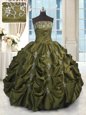 Olive Green Quinceanera Dress Military Ball and Sweet 16 and Quinceanera and For with Beading and Appliques and Embroidery and Pick Ups Strapless Sleeveless Lace Up