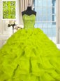 Yellow Green 15 Quinceanera Dress Military Ball and Sweet 16 and Quinceanera and For with Beading and Ruffles Sweetheart Sleeveless Brush Train Lace Up