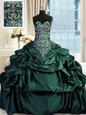 Graceful Floor Length Zipper Sweet 16 Quinceanera Dress Dark Green and In for Military Ball and Sweet 16 and Quinceanera with Beading and Embroidery and Pick Ups