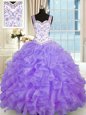 Lavender Ball Gowns Beading and Appliques and Ruffles Quinceanera Gowns Lace Up Organza Sleeveless Floor Length