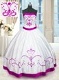 White Ball Gowns Beading and Embroidery and Belt Quince Ball Gowns Lace Up Satin Sleeveless Floor Length