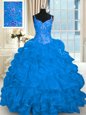 Blue Organza Lace Up Quince Ball Gowns Sleeveless Brush Train Beading and Embroidery and Ruffles and Pick Ups