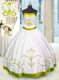 Popular Floor Length White 15 Quinceanera Dress Satin Sleeveless Embroidery