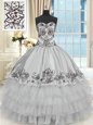 Organza and Taffeta Halter Top Sleeveless Lace Up Beading and Embroidery and Ruffled Layers Sweet 16 Quinceanera Dress in Grey
