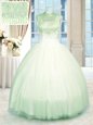Green Ball Gowns High-neck Sleeveless Tulle Floor Length Zipper Beading Sweet 16 Quinceanera Dress