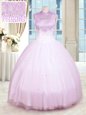 Lilac Ball Gowns High-neck Sleeveless Tulle Floor Length Zipper Beading Quinceanera Dress