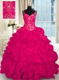 Hot Pink Sleeveless Brush Train Beading and Embroidery and Ruffles Quinceanera Dress