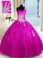 One Shoulder Sleeveless Lace Up Floor Length Appliques Quince Ball Gowns