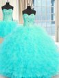 Latest Three Piece Floor Length Aqua Blue Quinceanera Dress Strapless Sleeveless Lace Up