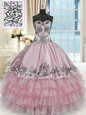Sweetheart Sleeveless Organza and Taffeta Quince Ball Gowns Beading and Embroidery and Ruffled Layers Lace Up
